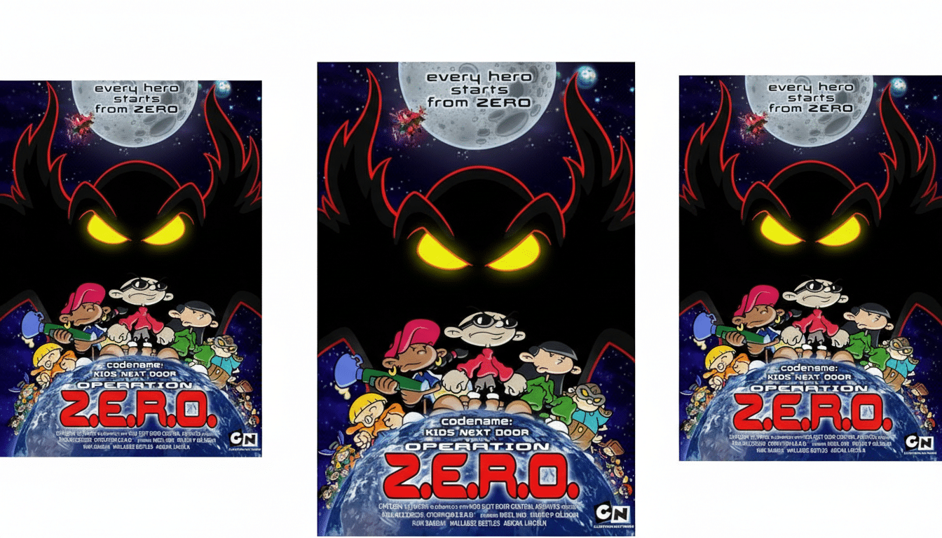 A movie poster for Codename: Kids Next Door Operation Z.E.R.O. featuring the main characters on a planet with a large, shadowy figure with glowing yellow eyes above them, and a moon in the background.