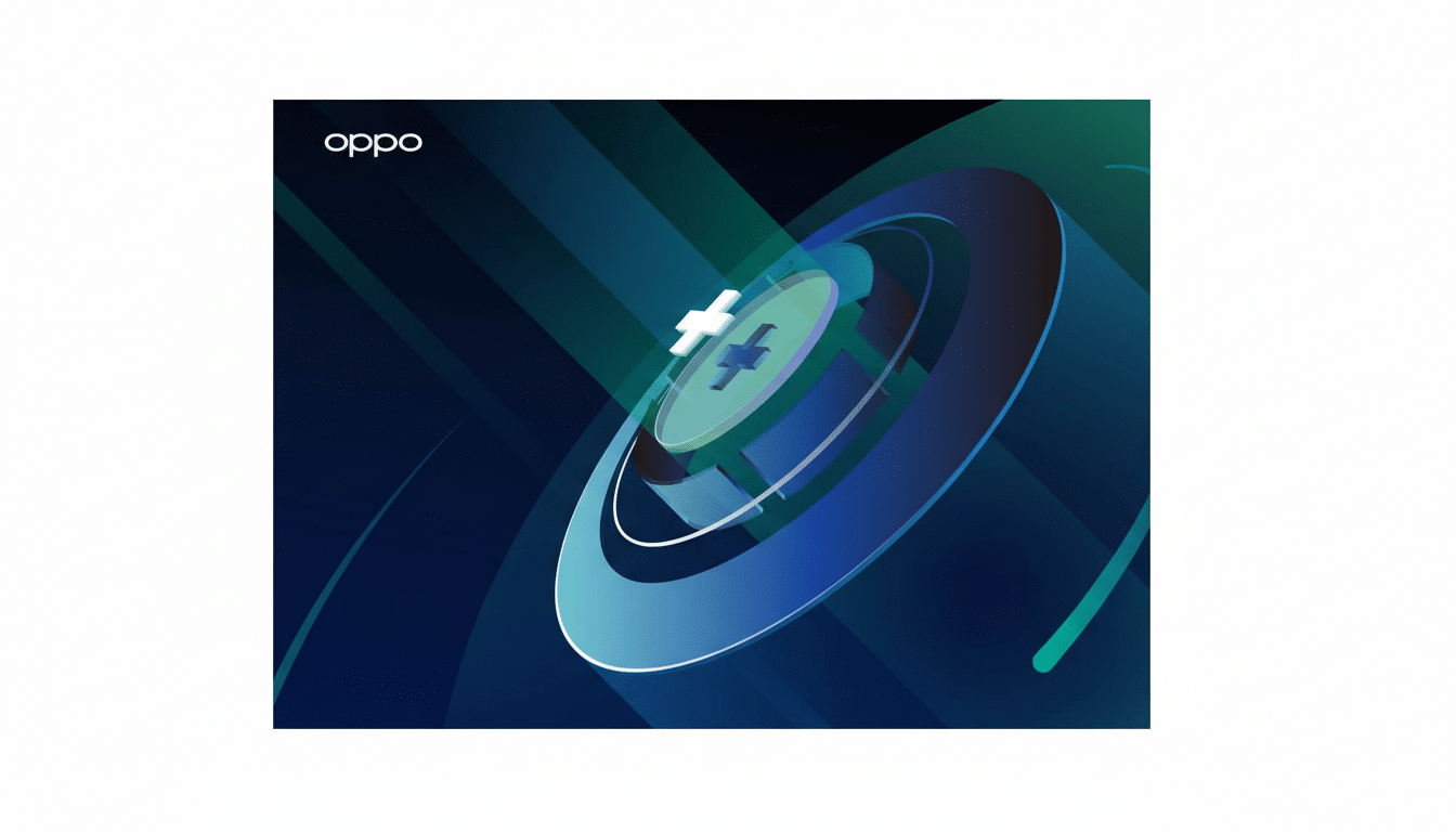 A professional graphic featuring the OPPO logo in the top left corner, with a central abstract design of concentric rings and a plus sign, set against a dark blue and green gradient background.