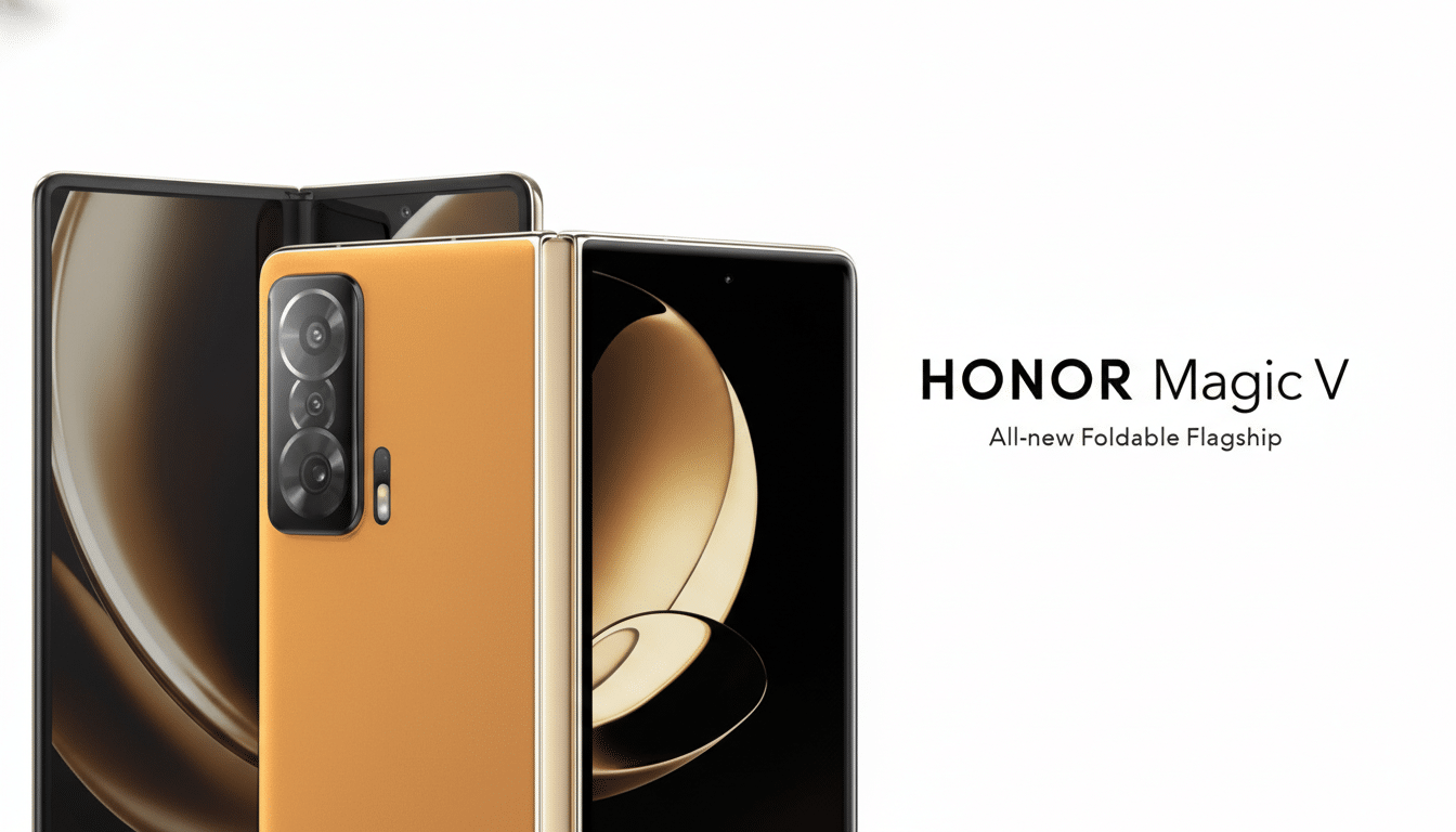 A 16:9 aspect ratio image of the HONOR Magic V foldable phone, with a gold back and a partially visible screen, against a clean white background with the text HONOR Magic V All-new Foldable Flagship.
