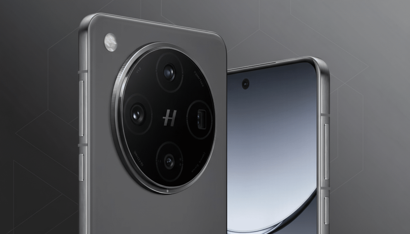 A close-up, professional shot of a gray smartphone with a prominent circular camera module featuring multiple lenses and an H logo, set against a subtle gray geometric background.