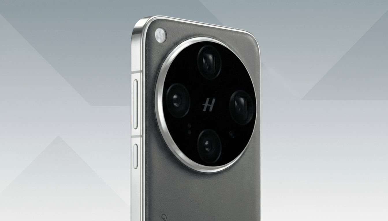 A smartphone with a large, circular camera module featuring four lenses and an H logo, set against a professional flat design background with soft gray gradients and subtle geometric patterns.