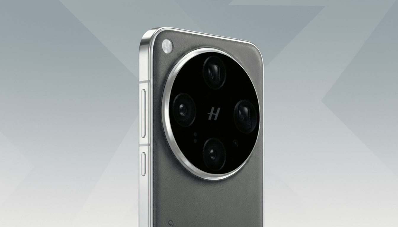 A smartphone with a large, circular camera module featuring four lenses and an H logo, set against a professional flat design background with soft gray patterns.