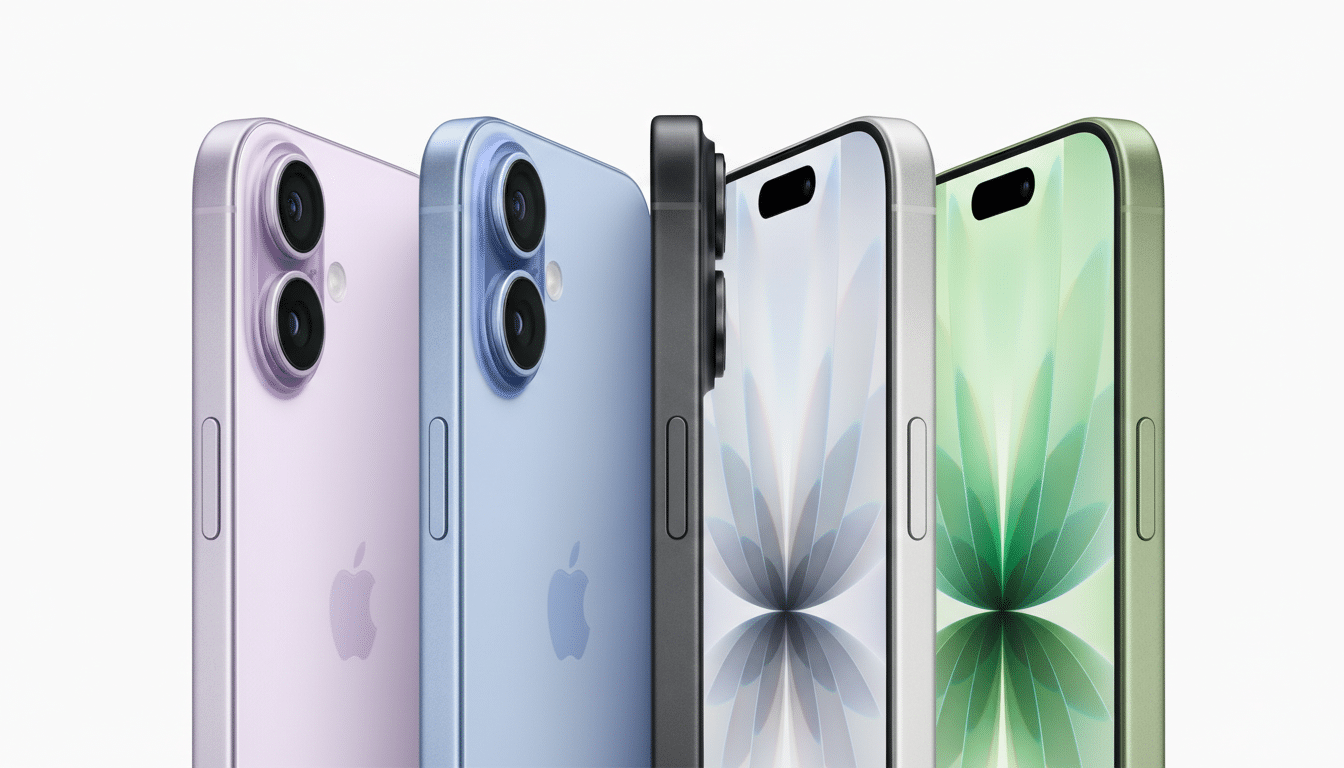 Four iPhones in different colors (purple, blue, black, and green) are arranged side-by-side, showcasing their designs and screens.