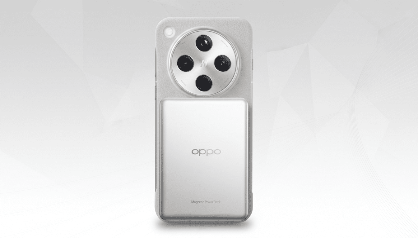 A white OPPO smartphone with a large circular camera module and a magnetic power bank attached to its back, presented on a professional flat design background with soft patterns and gradients.