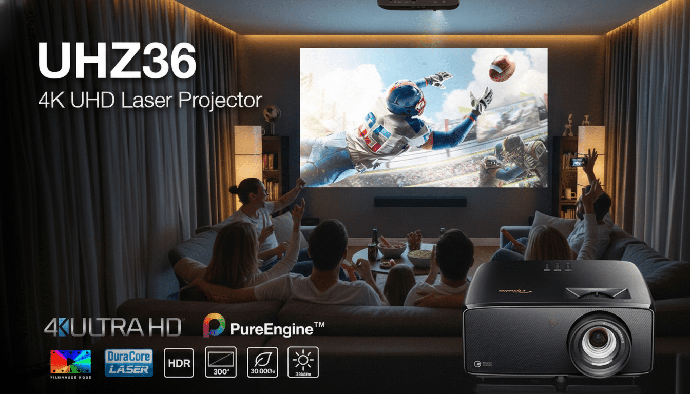 A living room scene with people watching a football game projected onto a large screen by an Optoma UHZ36 4K UHD Laser Projector, which is displayed in the foreground.