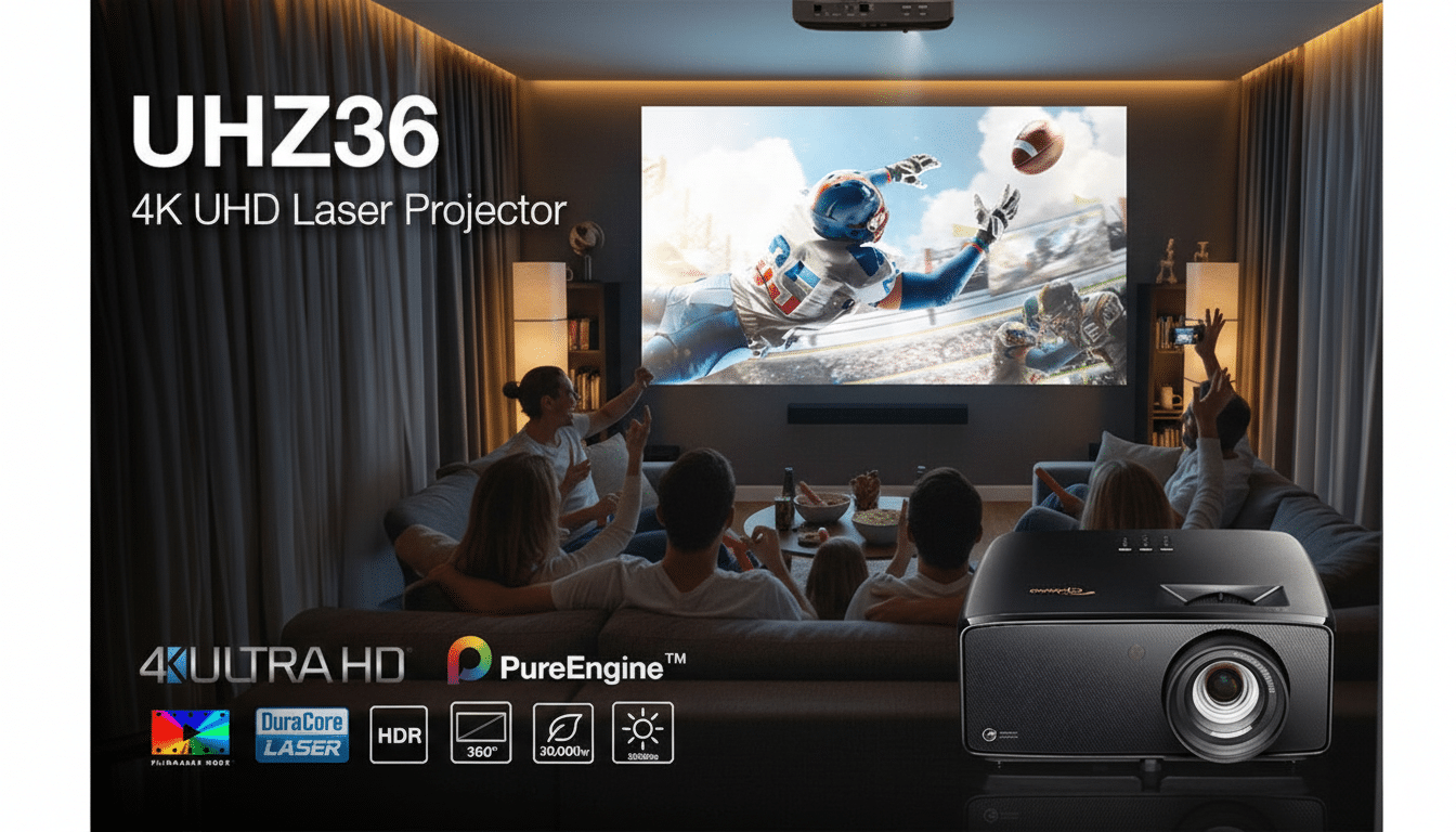 A living room scene with people watching a football game projected onto a large screen, featuring the Optoma UHZ36 4K UHD Laser Projector in the foreground.
