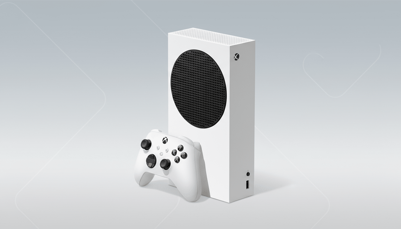 A white Xbox Series S console stands upright next to a matching white Xbox controller, both centered on a professional light gray background with subtle geometric patterns.