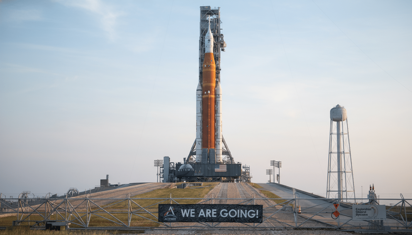 The Artemis I Space Launch System rocket stands on Launch Pad 39B at NASAs Kennedy Space Center in Florida, with a banner in the foreground reading WE ARE GOING!