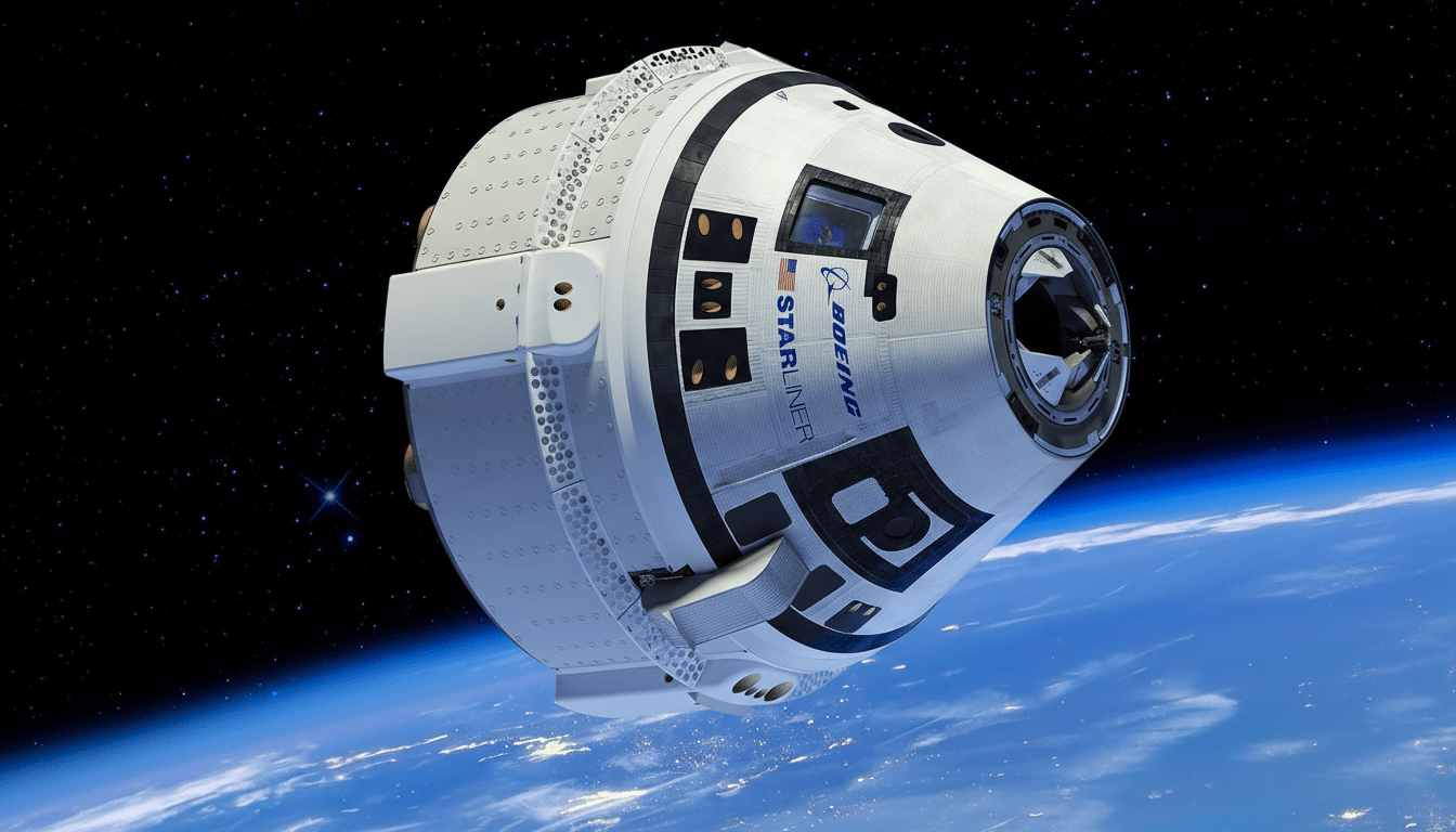A Boeing Starliner spacecraft orbiting above Earth, with the blackness of space and stars visible above the blue and white planet.