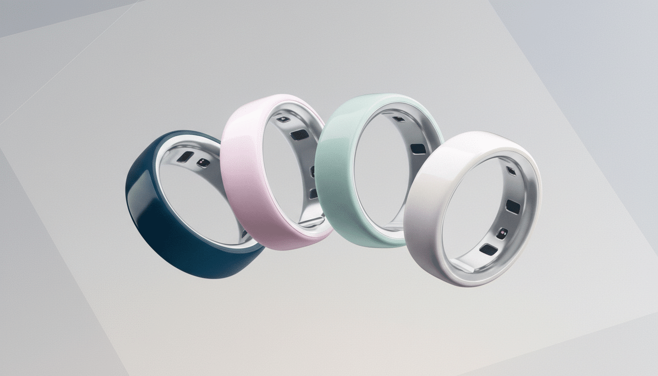 Four smart rings in blue, pink, mint green, and white, arranged diagonally on a professional gray background with subtle geometric patterns.