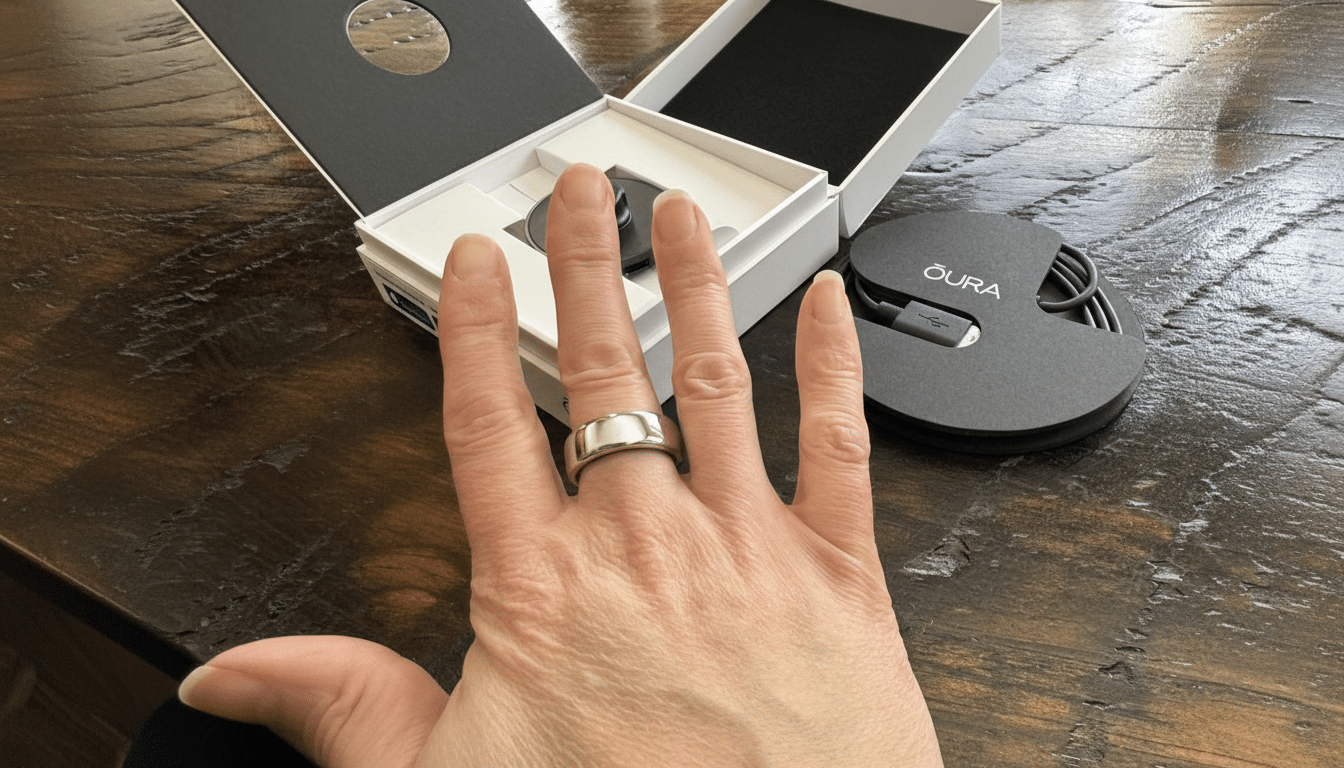 A hand wearing a silver Oura Ring, with the rings packaging and charging cable visible on a wooden table.