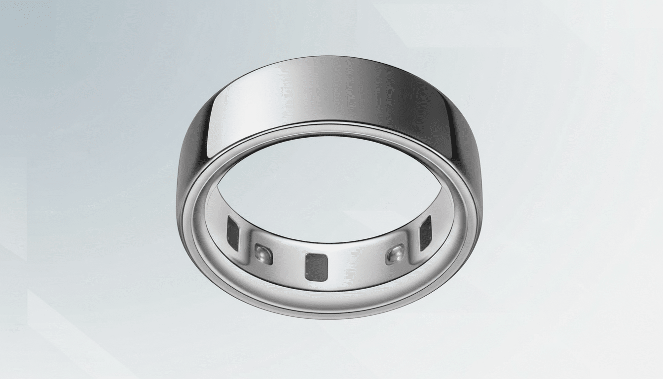 A silver smart ring with sensors visible on the inside band, presented on a professional flat design background with a soft gradient.
