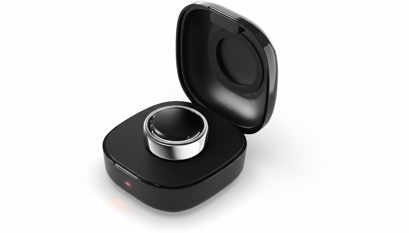 A black smart ring with a silver band charging in its open black case, set against a clean white background.