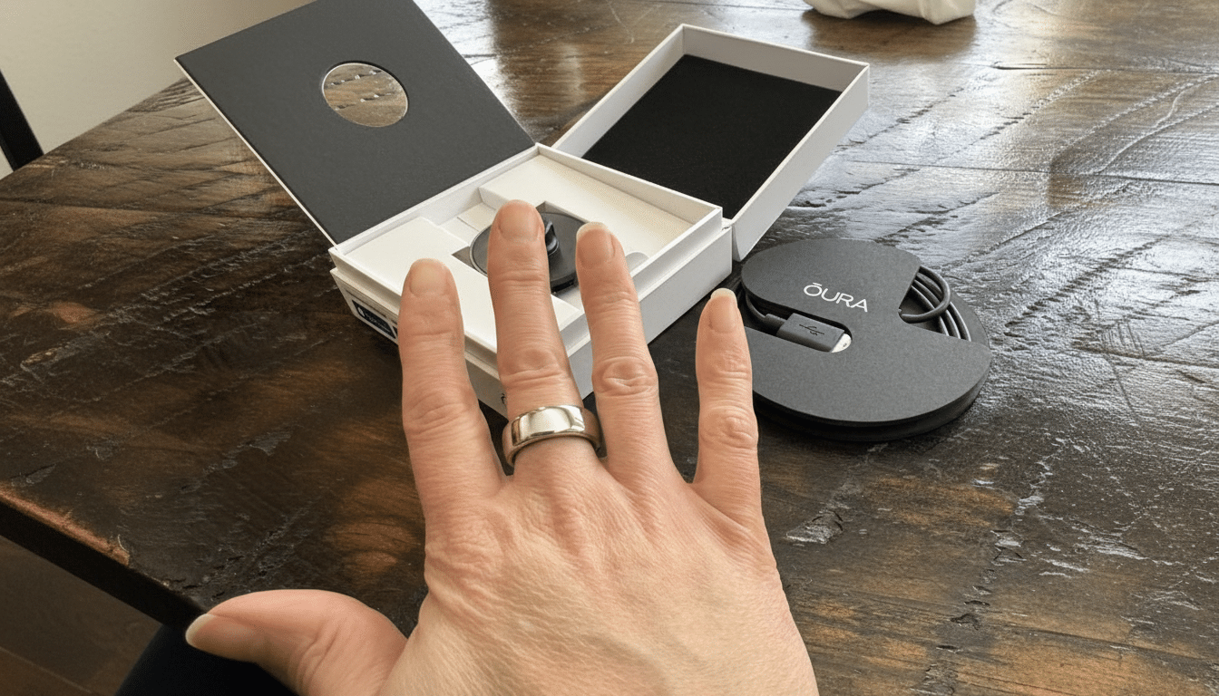 A hand wearing a silver Oura Ring, with the rings packaging and charging cable visible on a wooden table.