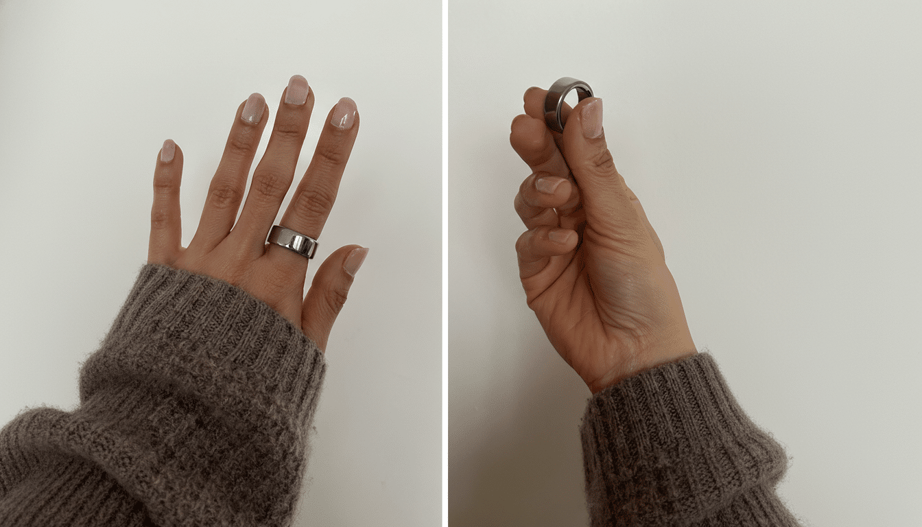A persons hand wearing a silver ring on the left, and holding a silver ring on the right, both against a white background.