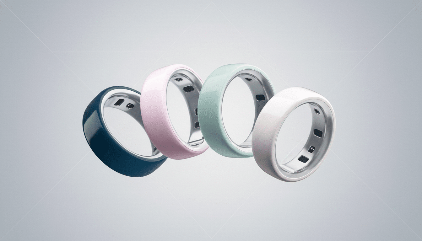Four smart rings in blue, pink, mint green, and white, arranged diagonally on a professional light gray background with subtle geometric patterns.