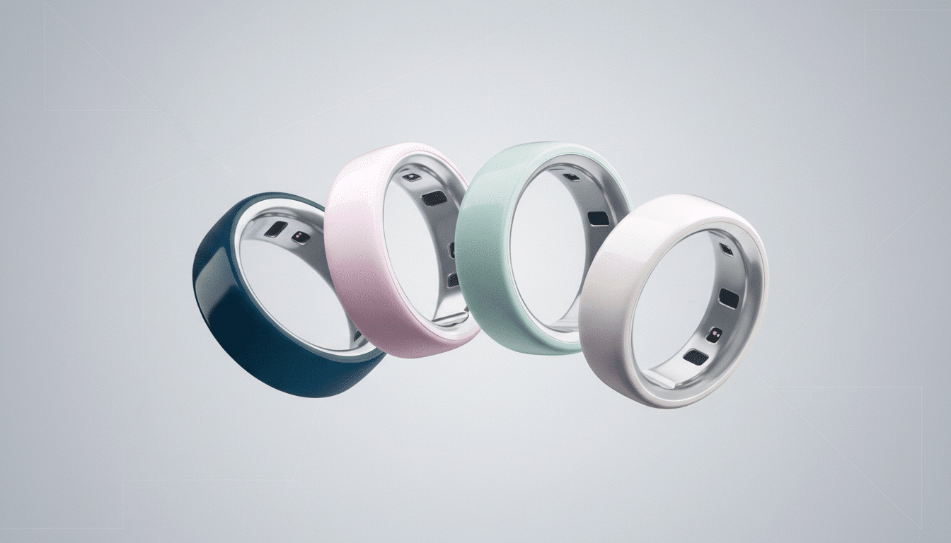 Four smart rings in blue, pink, mint green, and white, arranged diagonally on a light gray background with subtle geometric patterns.
