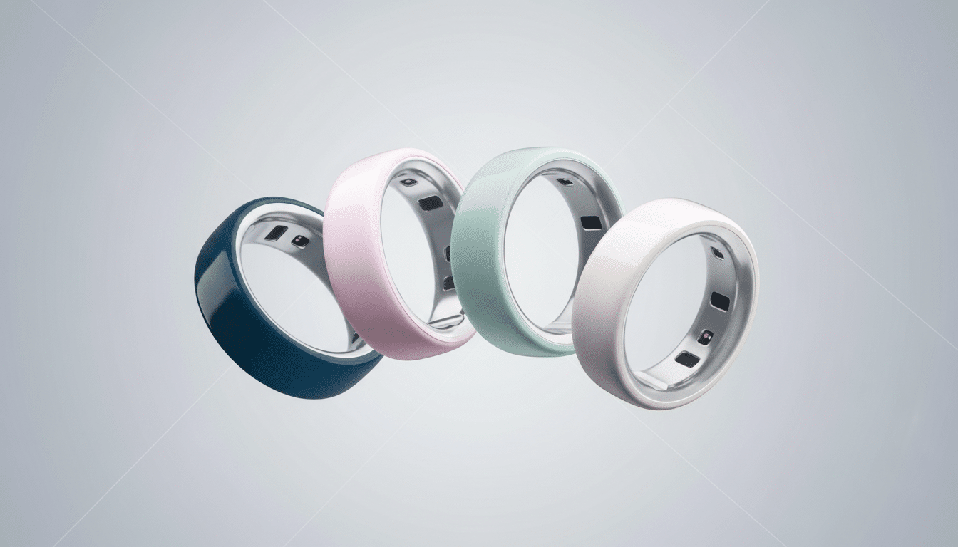 Four smart rings in blue, pink, mint green, and white, floating against a professional light gray background with subtle diagonal lines.