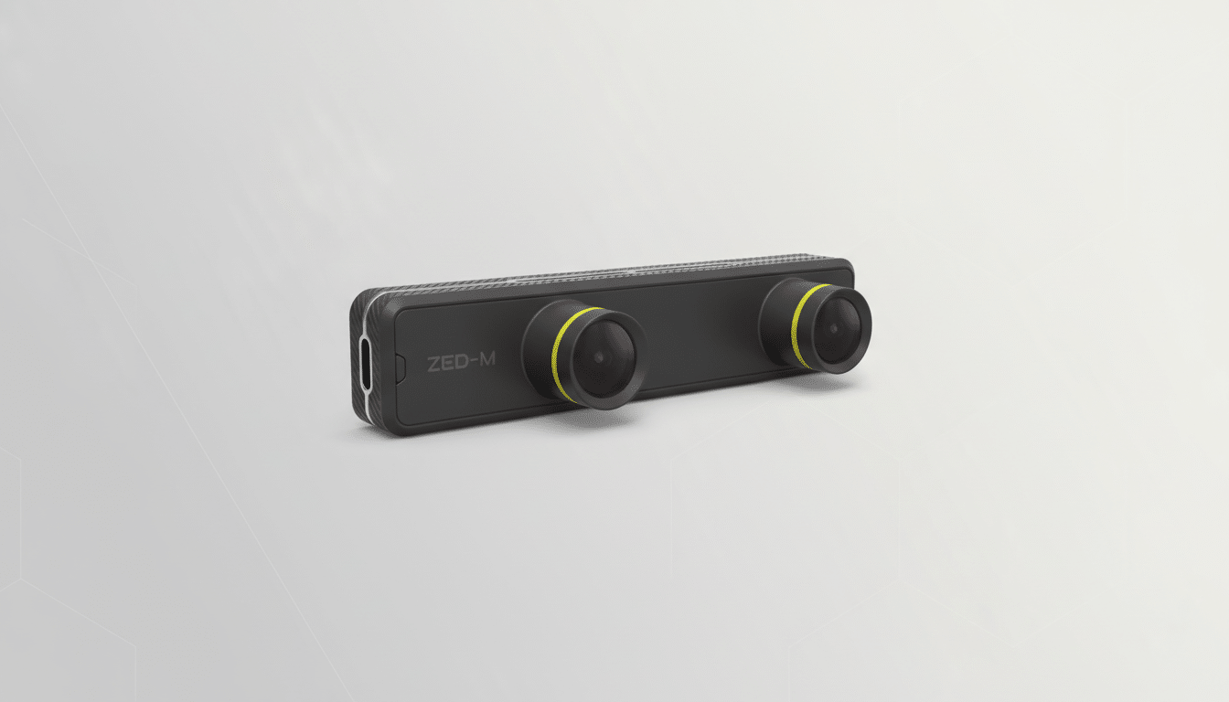 A ZED-M stereo camera with two lenses, presented on a professional flat design background with soft gradients.
