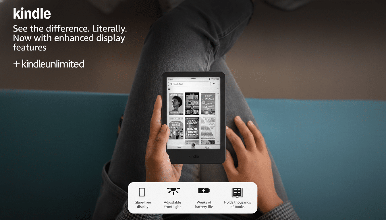 A person holding a Kindle e-reader, with text overlay promoting its features.