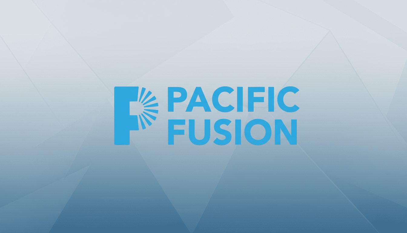 The Pacific Fusion logo, featuring the words PACIFIC FUSION in blue text next to a stylized blue F with radiating lines, set against a professional flat design background with soft patterns and gradients in shades of blue and gray.