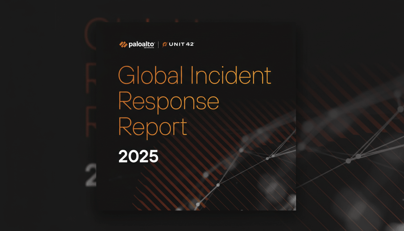 A professional image of the Global Incident Response Report 2025 cover, featuring the Palo Alto Networks and Unit 42 logos, resized to a 16:9 aspect ratio with a subtle, dark background.