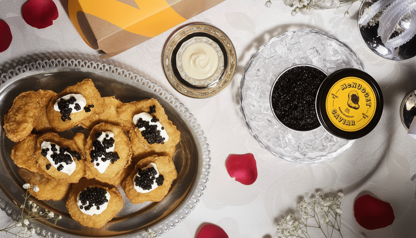 A top-down view of a luxurious meal featuring fried chicken nuggets topped with sour cream and black caviar, served on a silver platter. Alongside, theres a container of black caviar on ice, a small dish of white sauce, and a golden box, all arranged on a white tablecloth with scattered red rose petals and delicate white flowers.