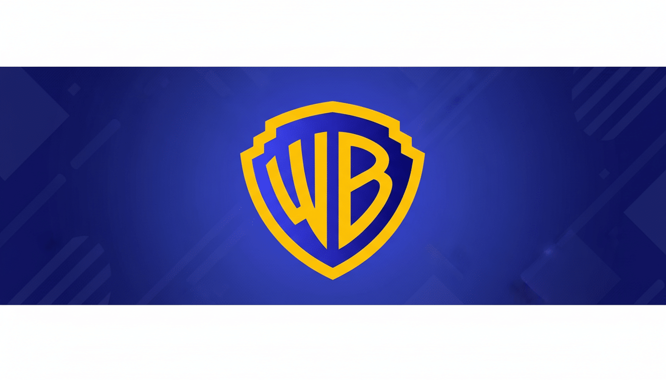 The Warner Bros. logo, a blue shield with yellow WB initials, centered on a blue background with subtle geometric patterns and a soft gradient, resized to a 16:9 aspect ratio.