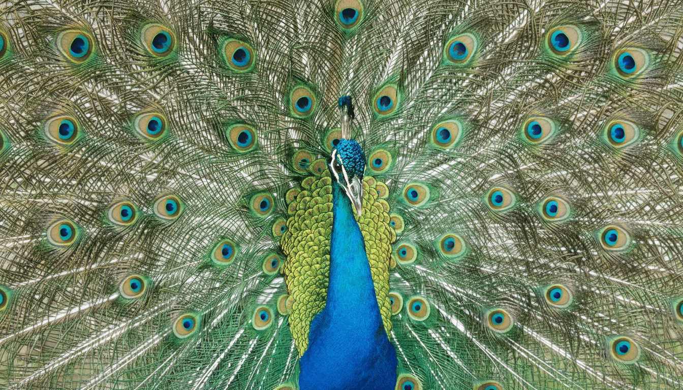 A vibrant peacock with its iridescent blue body and green-gold scaled neck, facing forward with its magnificent tail feathers fanned out behind it, displaying numerous eye-like patterns.