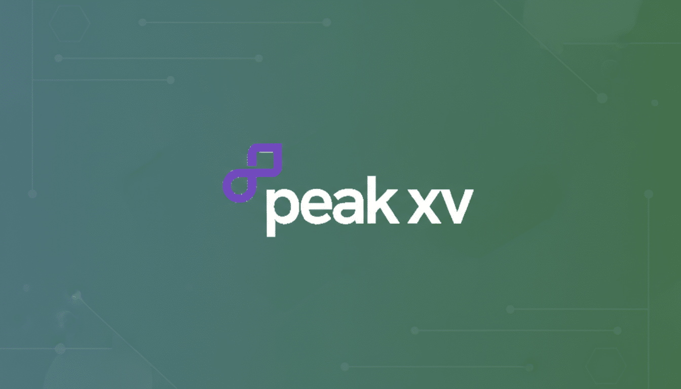 The Peak XV logo, featuring a purple stylized musical note or infinity symbol followed by the white text peak xv, set against a professional flat design background with soft green and blue gradients and subtle geometric patterns.