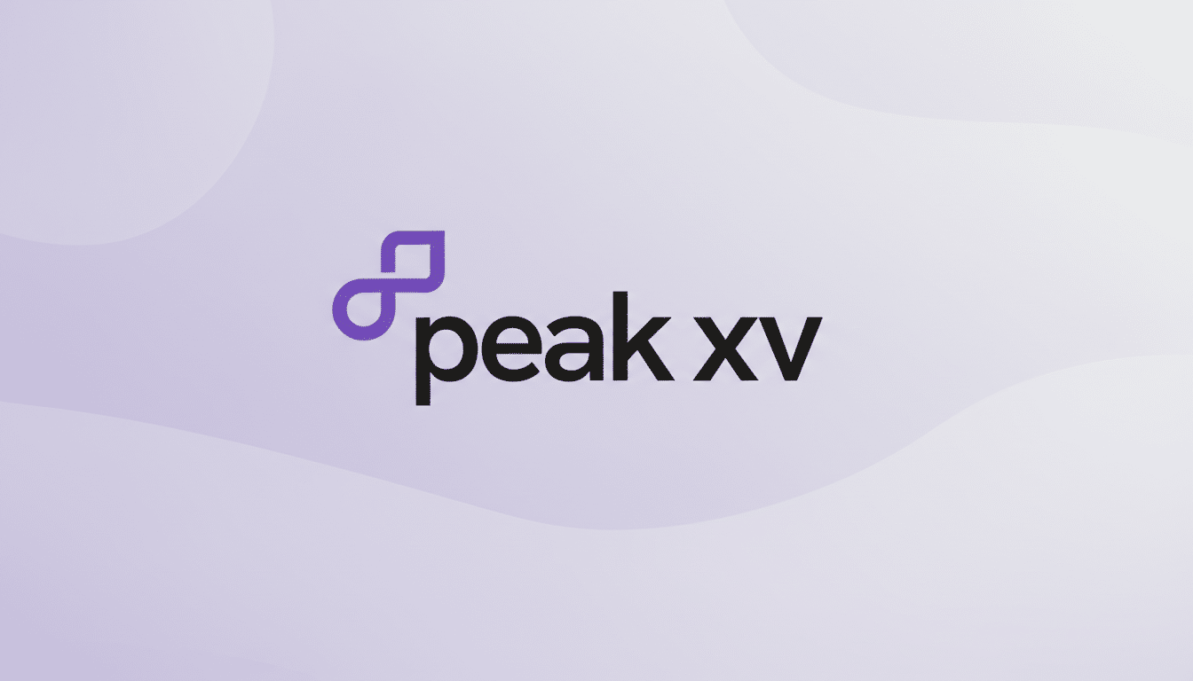 The Peak XV logo, featuring a purple stylized infinity symbol followed by the black text peak xv, centered on a light purple background with subtle, soft wave patterns.