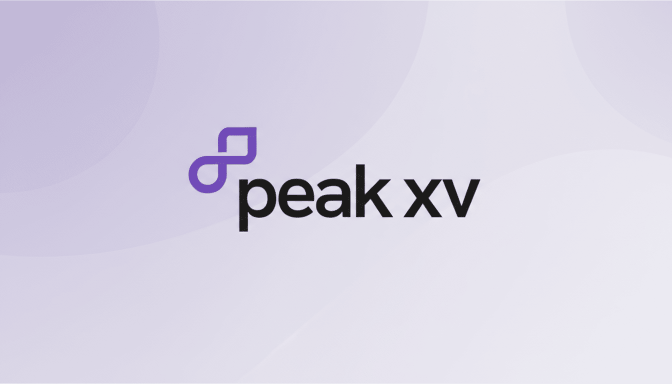 The Peak XV logo, featuring a purple abstract symbol resembling a stylized P or an infinity loop, positioned to the left of the black text peak xv, all set against a soft, light purple gradient background with subtle, lighter purple wave-like patterns.