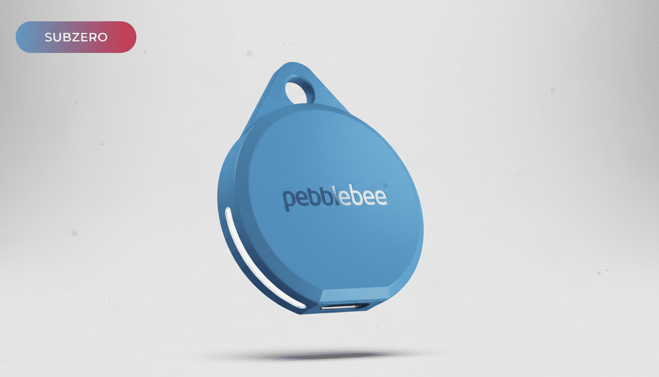 A blue Pebblebee Subzero tracker with a professional flat design background.