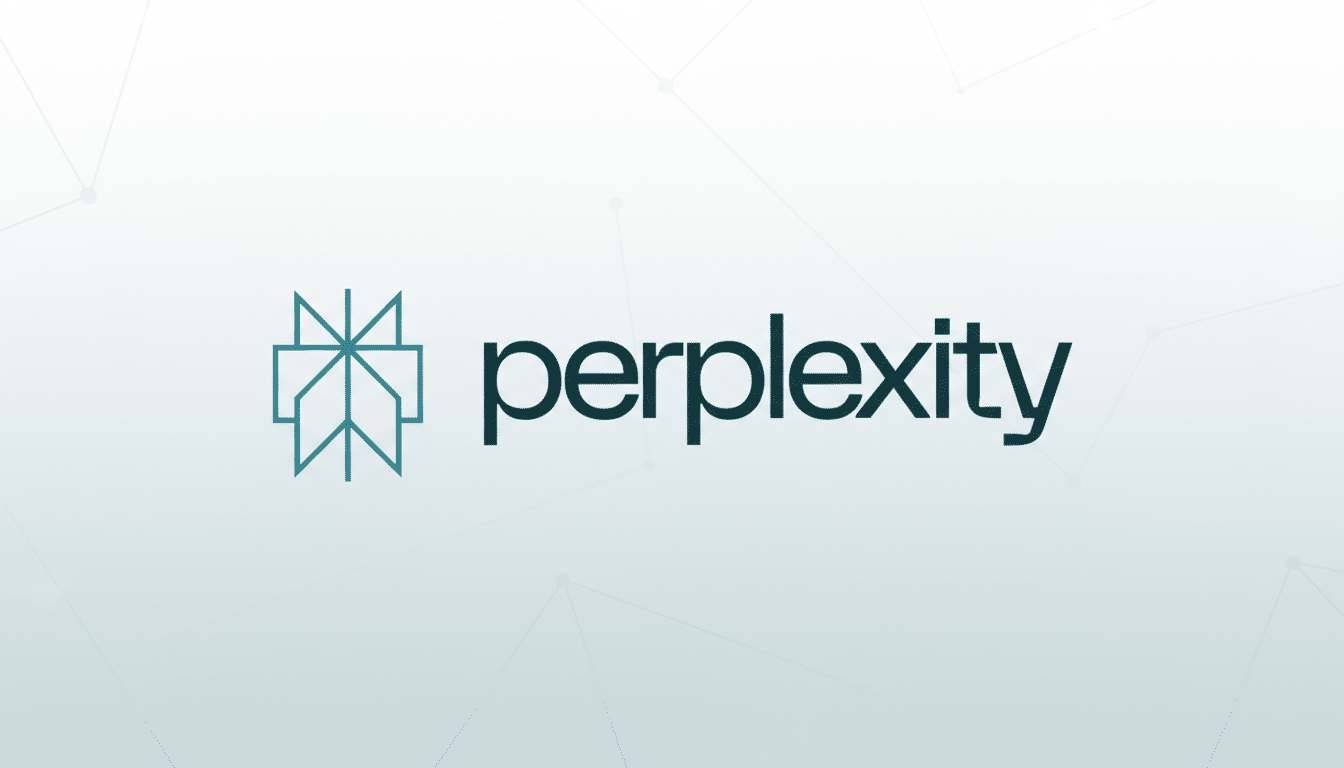 The Perplexity AI logo, featuring a teal geometric icon resembling a stylized star or snowflake to the left of the word perplexity in a dark teal sans-serif font, presented on a professional light gray background with subtle, soft geometric patterns.