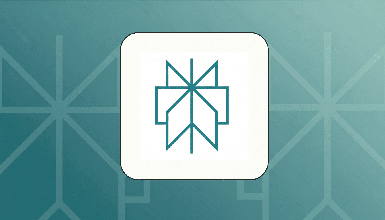 A teal geometric logo on a white rounded square, set against a teal background with a subtle gradient and faint, repeating geometric patterns.