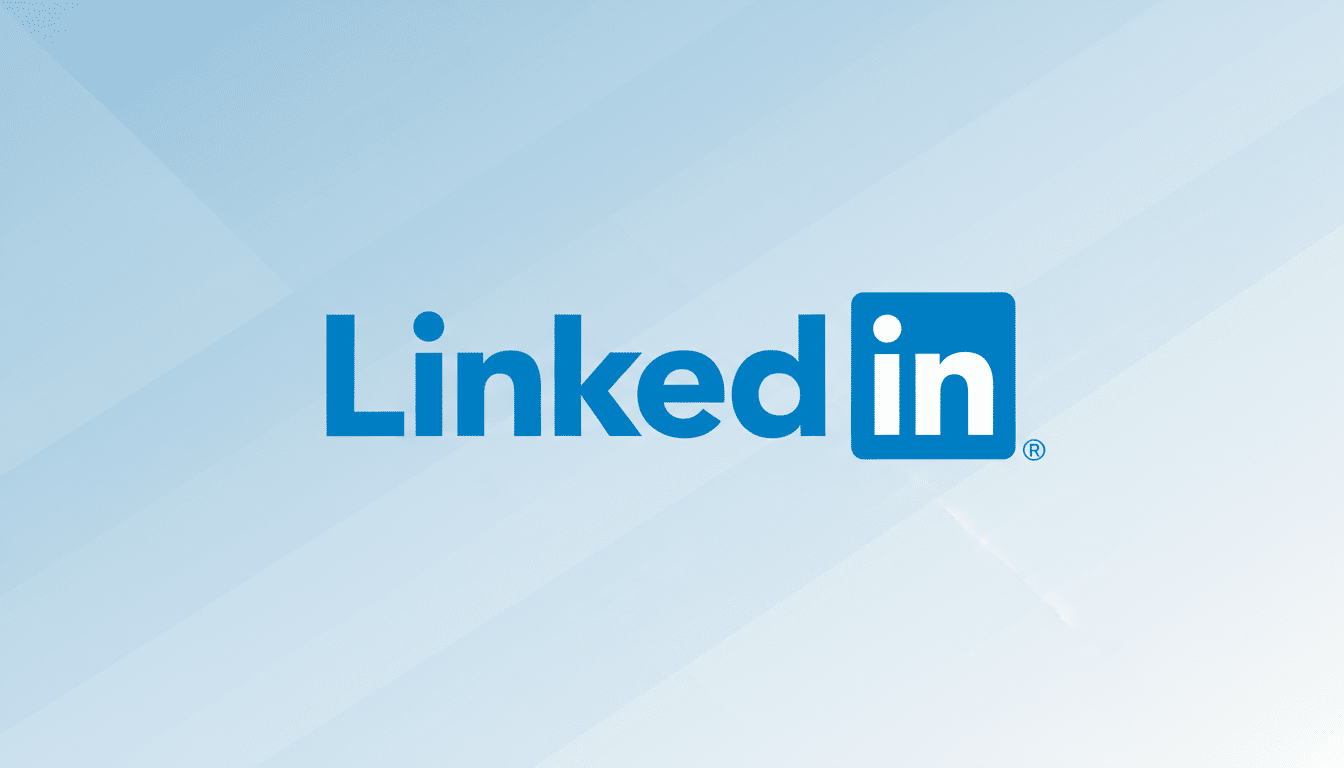 The LinkedIn logo, featuring the word Linked in blue and in in white within a blue square, centered on a light blue background with subtle geometric patterns.