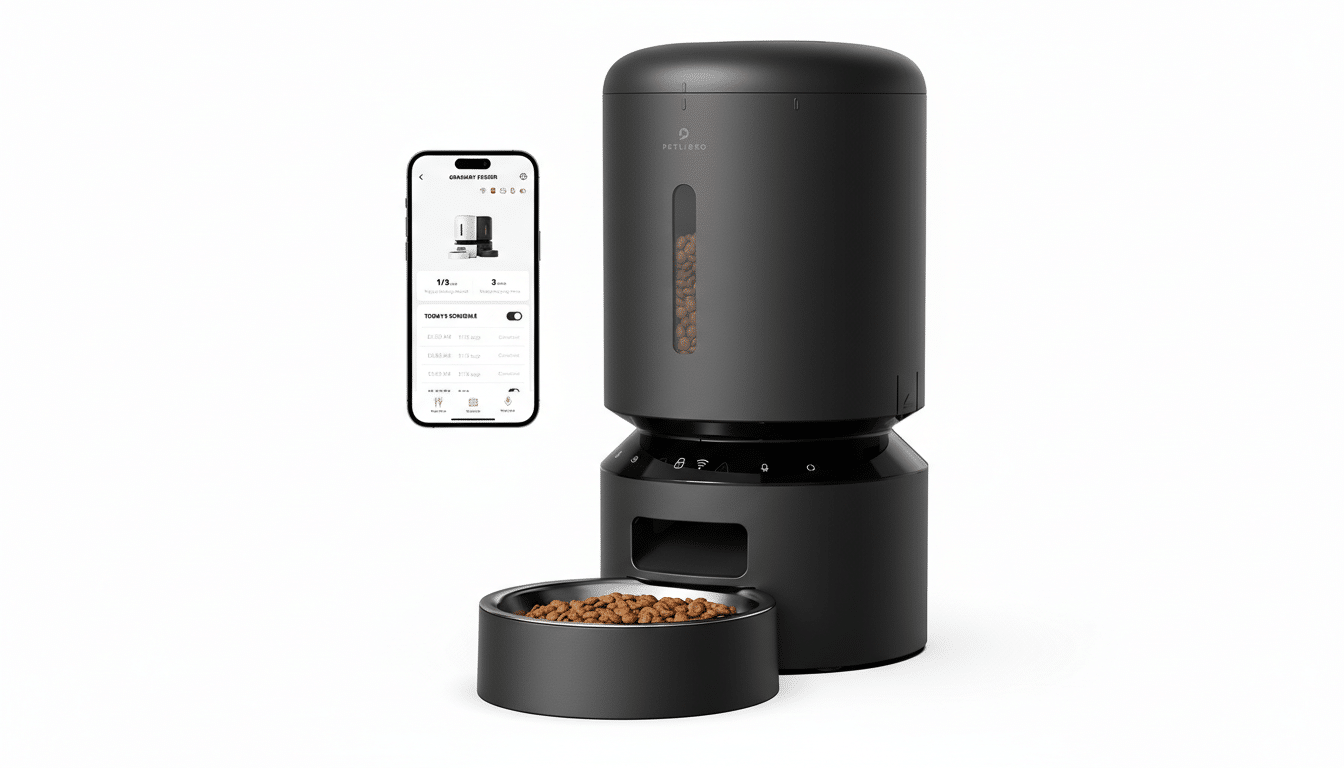 A black smart pet feeder with a bowl of kibble, next to a smartphone displaying the feeders app interface.