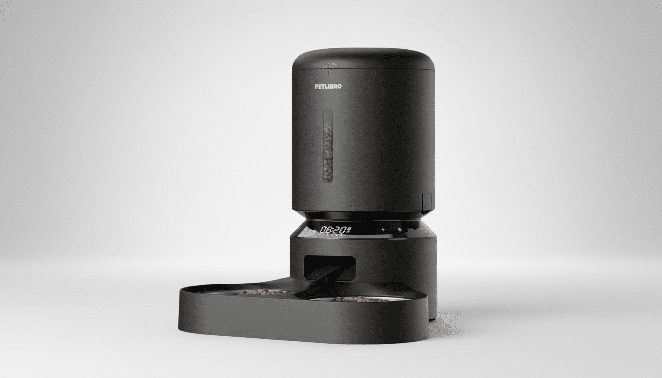 A black PETLIBRO automatic pet feeder with a digital display showing 08:20 and a bowl filled with pet food, set against a clean, professional light gray gradient background.