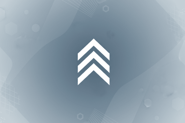 A white triple chevron icon pointing upwards, centered on a professional light blue and grey background with subtle geometric patterns and soft gradients.