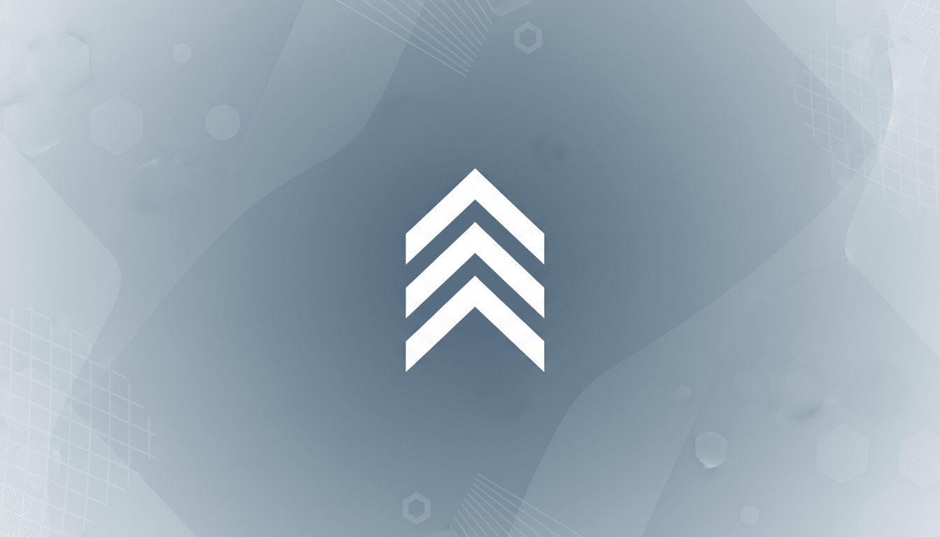 A white triple chevron icon pointing upwards, centered on a professional light blue and grey background with subtle geometric patterns and soft gradients.