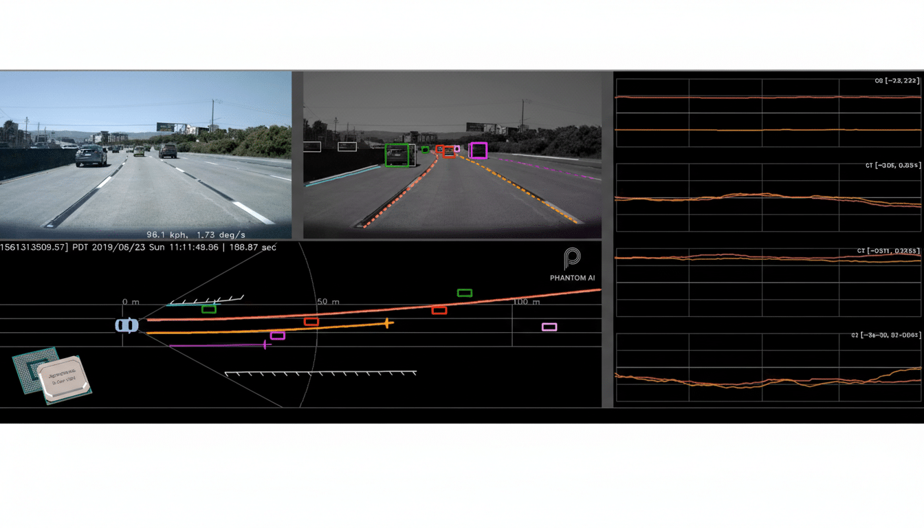 A dashboard displaying real-time data from an autonomous driving system, including a front-facing camera view, a grayscale processed view with object detection, a birds-eye perspective of the vehicles surroundings, and multiple graphs showing sensor data.