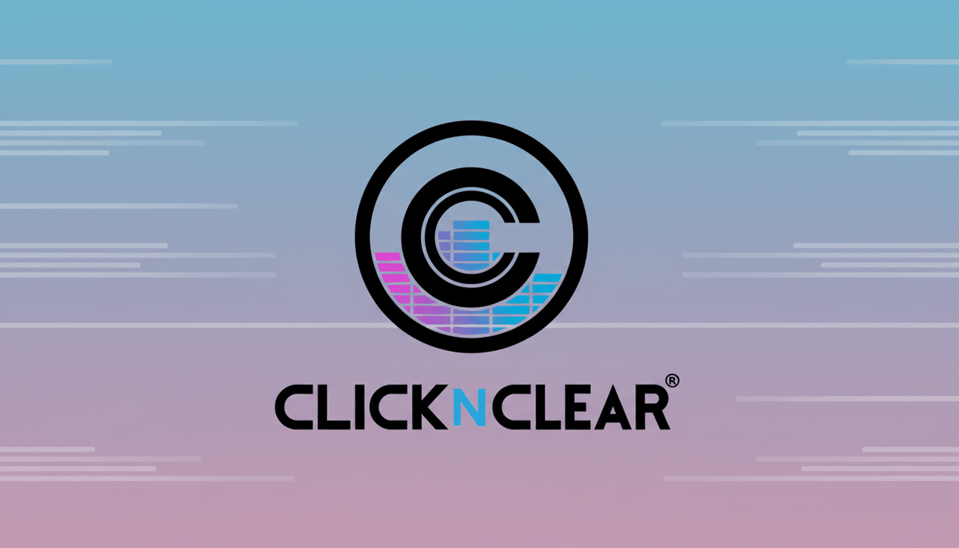 The ClickNClear logo, featuring a stylized C with a sound wave pattern inside, centered on a professional flat design background with soft blue and pink gradients and subtle horizontal line patterns.