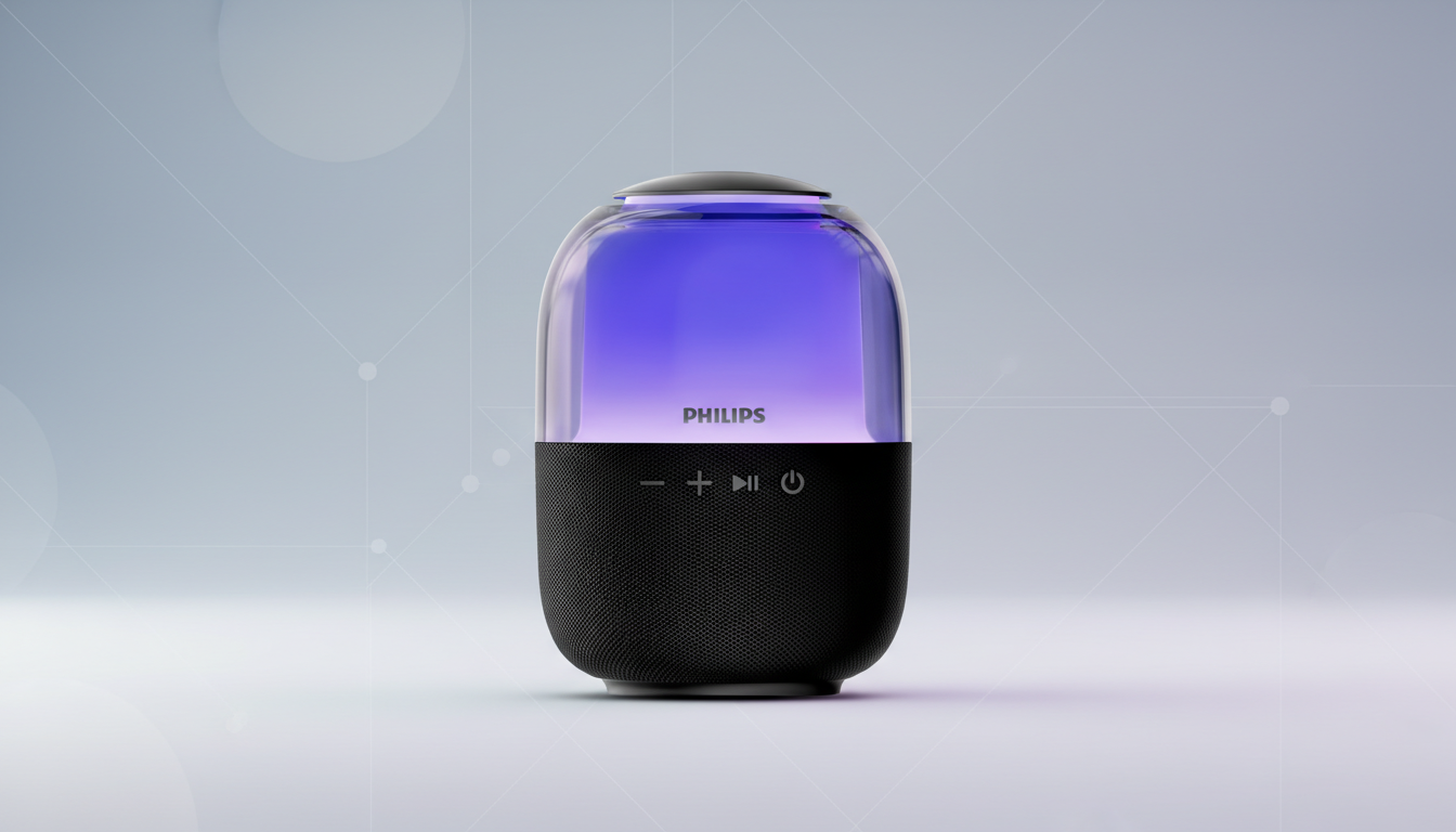 A Philips portable speaker with a black base and a clear top section emitting a purple light, set against a professional light gray background with subtle geometric patterns.