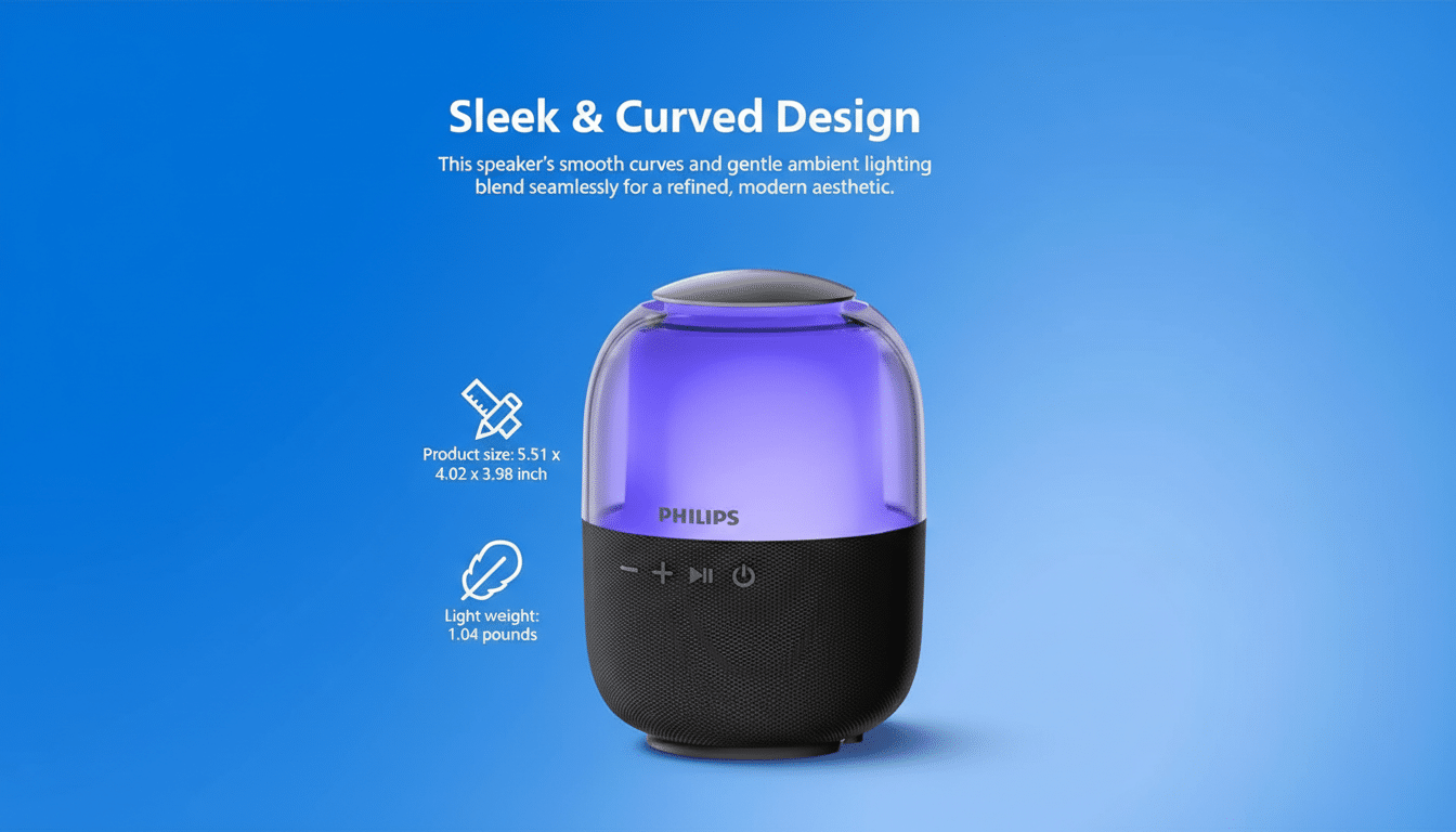 A Philips speaker with a sleek and curved design, featuring ambient purple lighting, on a blue background with product specifications.