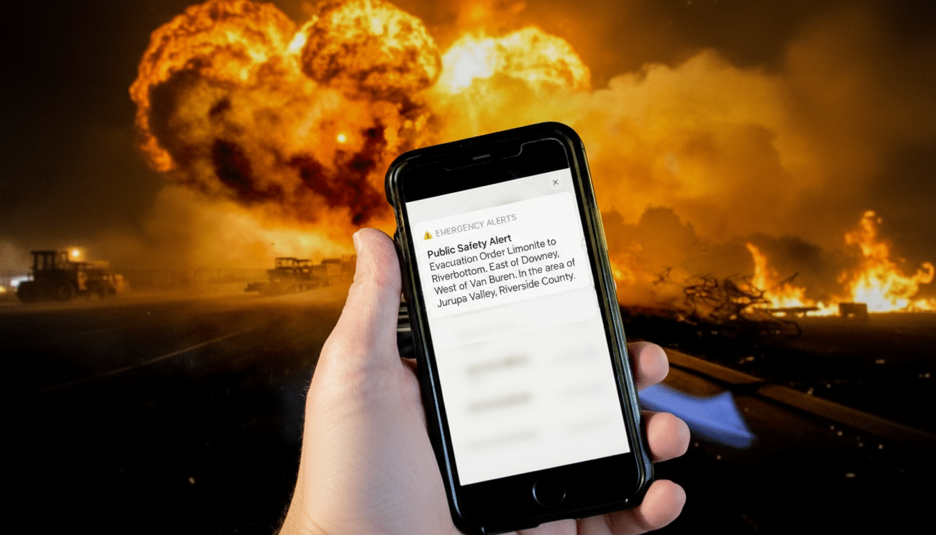 A hand holding a smartphone displaying a public safety alert about an evacuation order, with a background of explosions and fire.