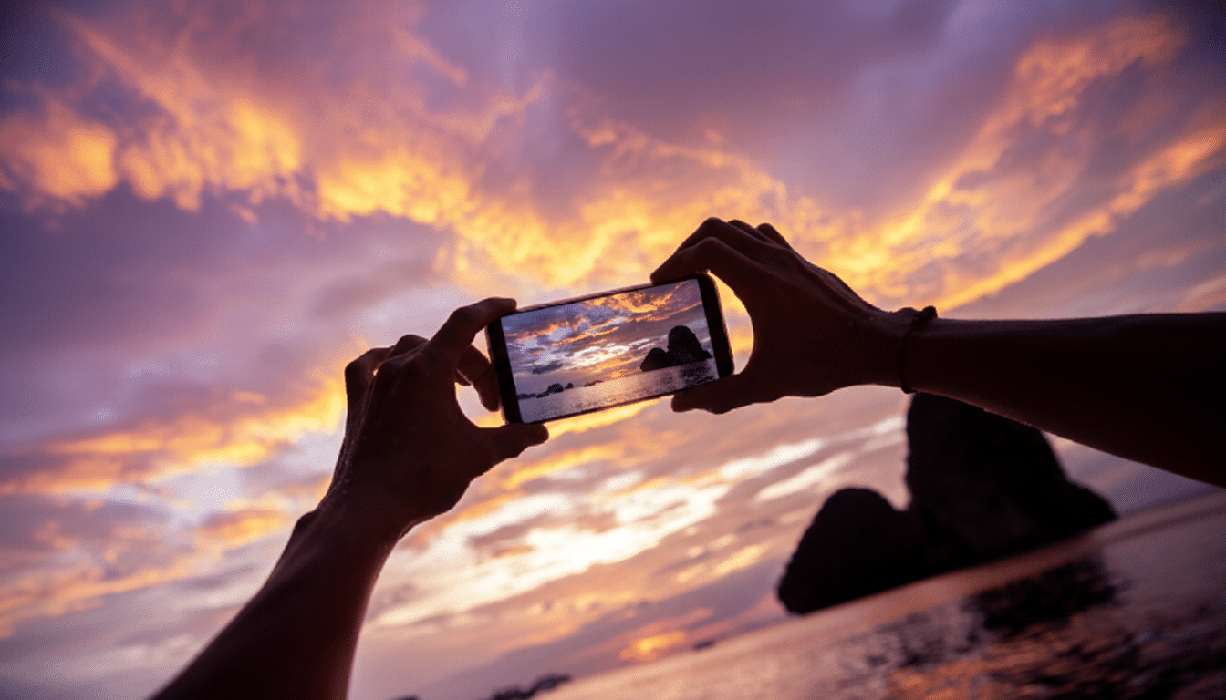 A persons hands holding a smartphone, capturing a vibrant sunset over a body of water with a rock formation in the distance. The phone screen displays the same sunset scene.