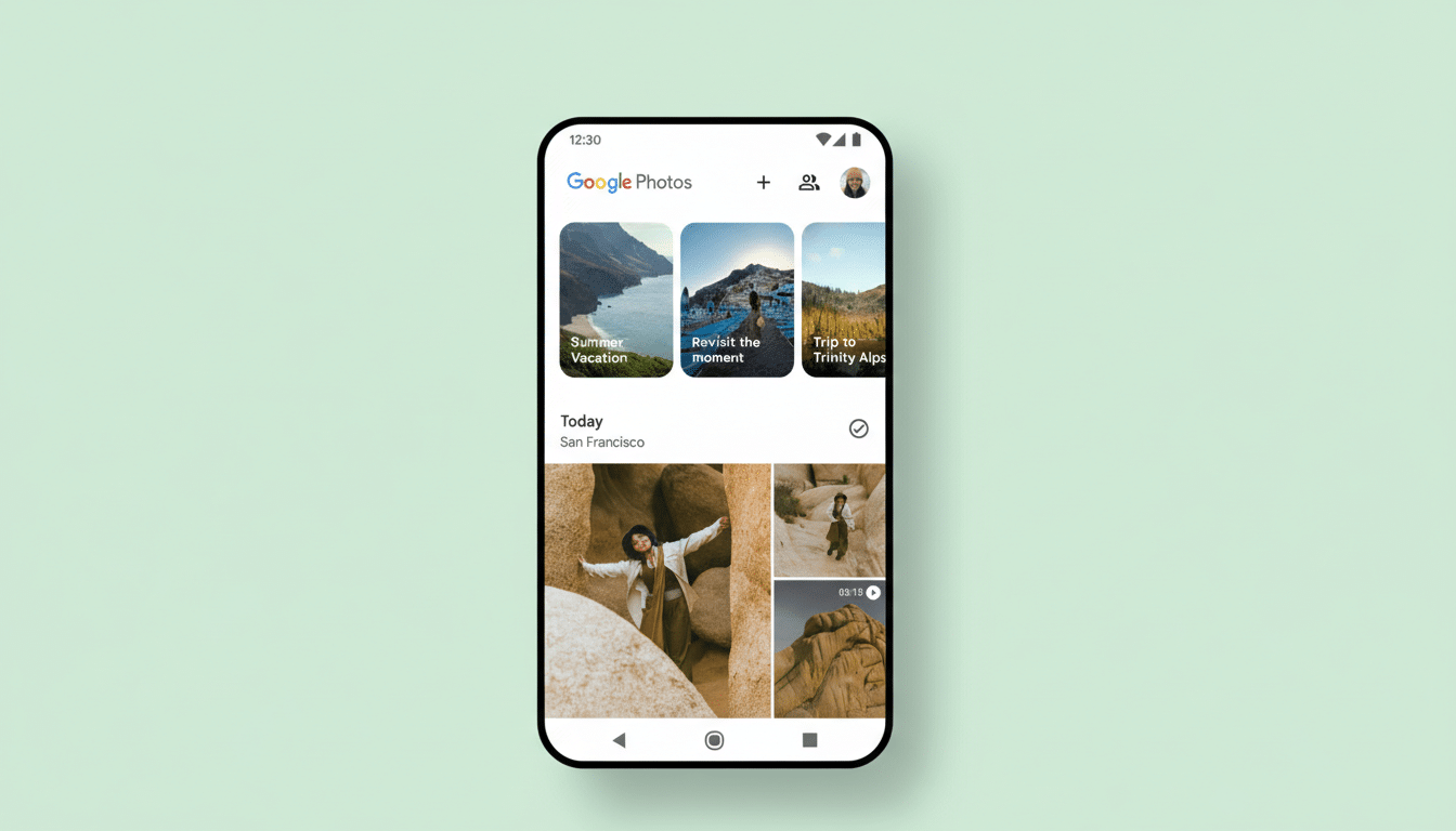 A smartphone displaying the Google Photos app interface, showcasing various photo albums and a Today section with images of a person in a rocky landscape.