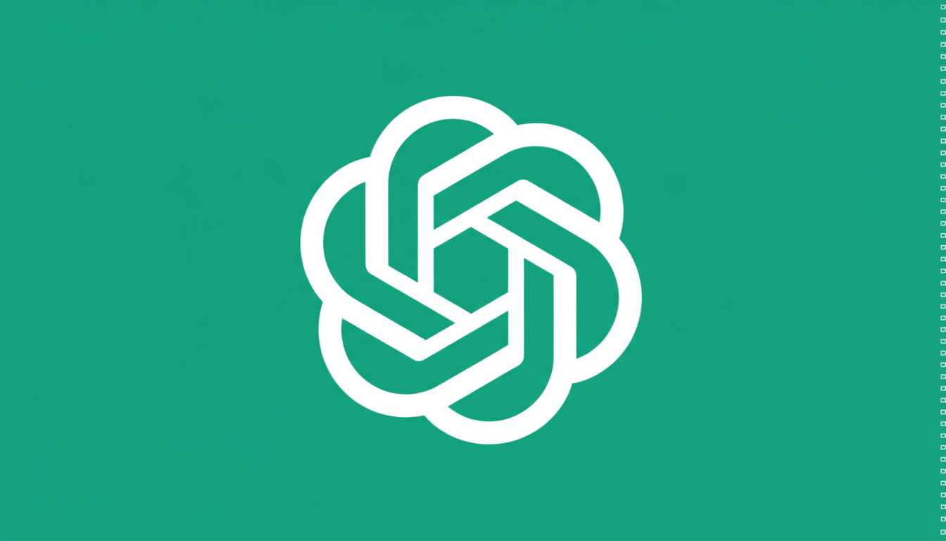 The OpenAI logo, a white abstract knot-like design, centered on a solid teal background, resized to a 16:9 aspect ratio.