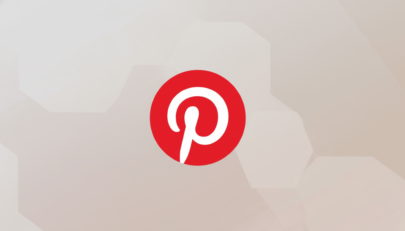 The Pinterest logo, a white stylized P inside a red circle, centered on a professional flat design background with soft gray and white geometric patterns and gradients.