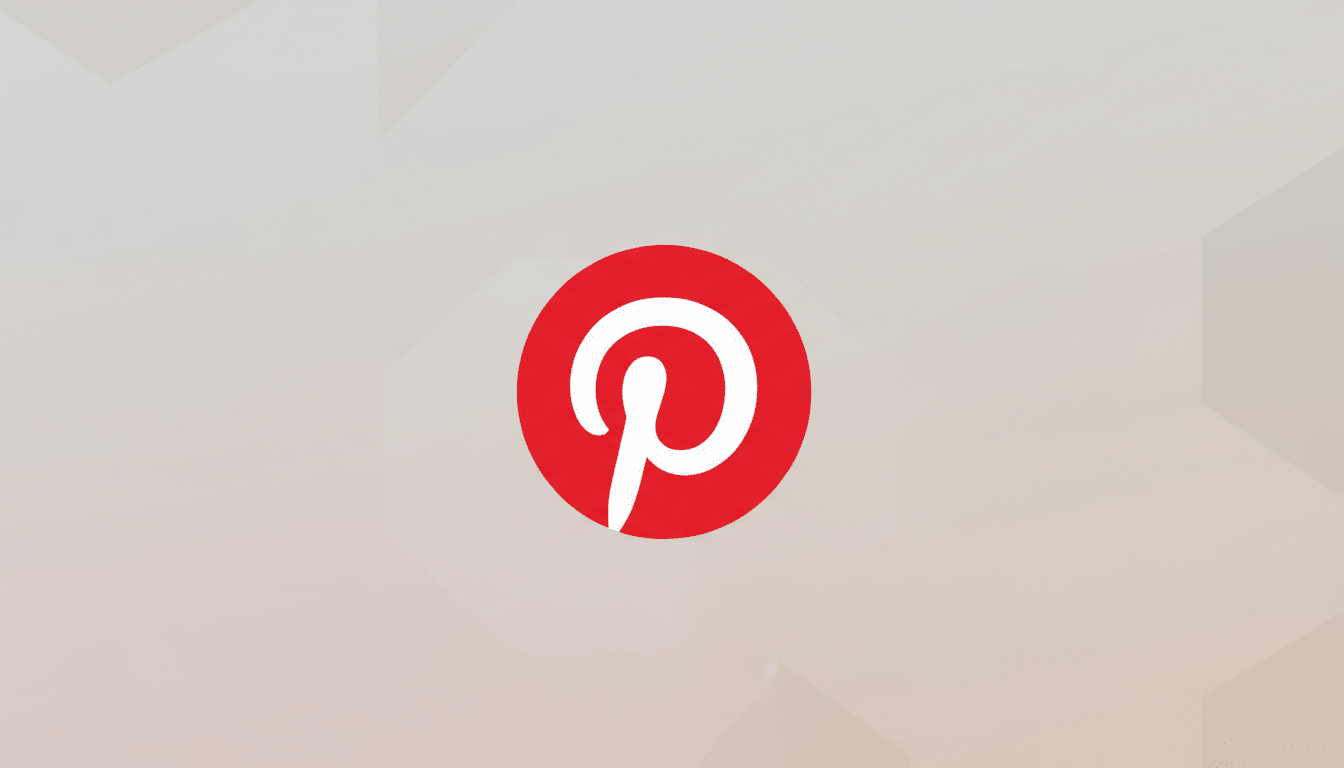 The Pinterest logo, a white stylized P inside a red circle, centered on a professional flat design background with soft gray gradients and subtle geometric patterns.